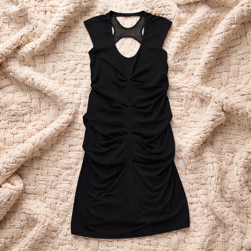 Nicole Miller black dress with ruching and open mesh back